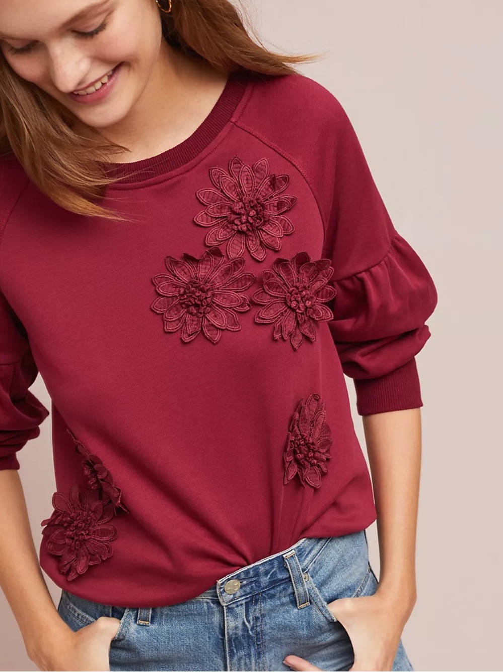 Anthropologie Blue Tassel Burgundy Floral Appliqué Pullover Sweater